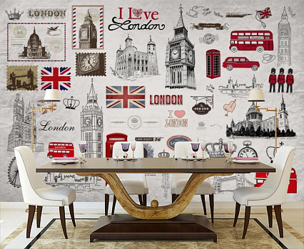 Символы Лондона в интерьере кухни с большим столом