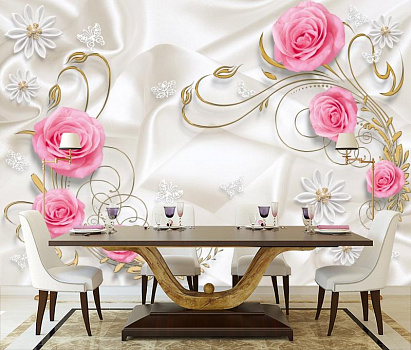 Розовые розы на белом шелке в интерьере кухни с большим столом