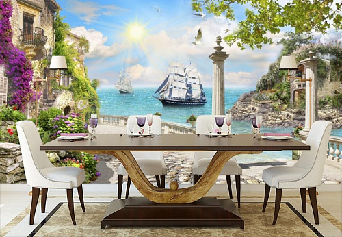 Белые парусники у берега в интерьере кухни с большим столом