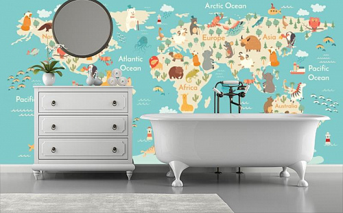Детская карта мира в интерьере ванной