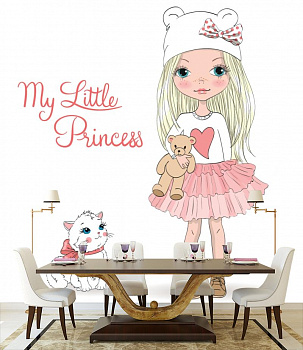 Маленькая принцесса в интерьере кухни с большим столом