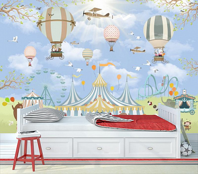 Воздушные шары и самолеты над цирком  в интерьере детской комнаты мальчика