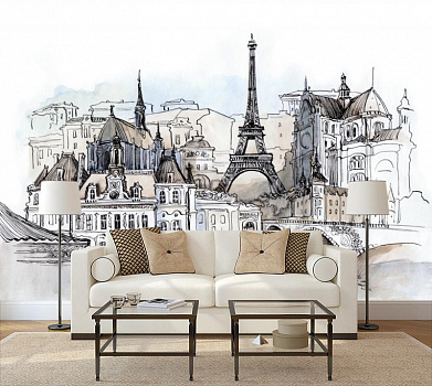 Набросок Эйфелевой башни в Париже в интерьере гостиной с диваном