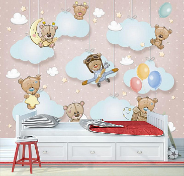 Мишки в облаках в розовых тонах в интерьере детской комнаты мальчика