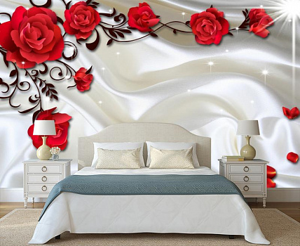 Алые розы на белом шелке в интерьере спальни