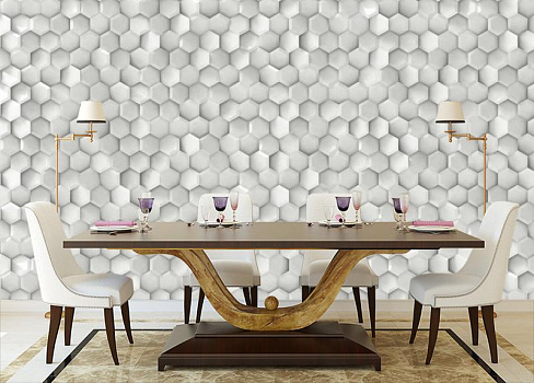 Стена из серых сот в интерьере кухни с большим столом