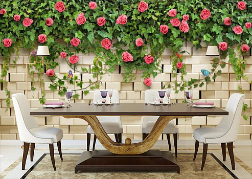 Розы на белом кирпиче в интерьере кухни с большим столом