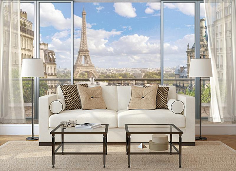 Окно в Париж в интерьере гостиной с диваном