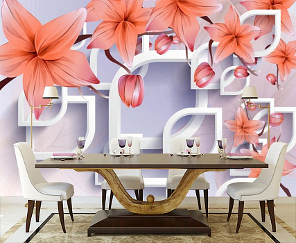 Красные лилии с белыми овалами  в интерьере кухни с большим столом