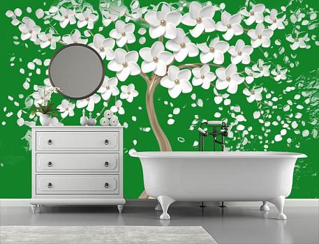 Белые цветы на зеленом фоне в интерьере ванной