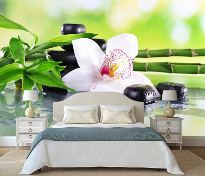 Белая орхидея в интерьере спальни
