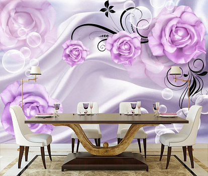 Воздушные пузыри с розами на белом шелке в интерьере кухни с большим столом