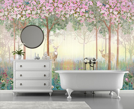 Олени среди цветущих деревьев в интерьере ванной