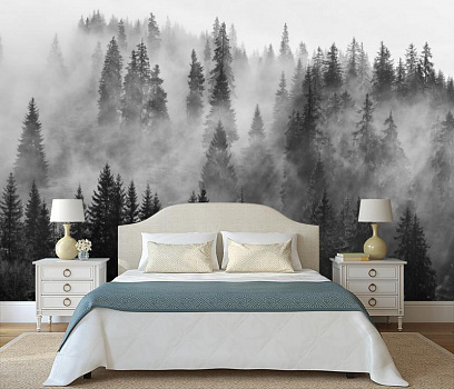 Туман в еловом лесу в интерьере спальни