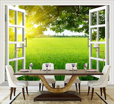 Зеленое поле  в интерьере кухни с большим столом