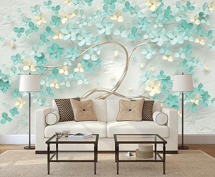 Светло-зеленые цветы на белой стене в интерьере гостиной с диваном