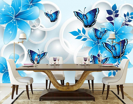 Голубые бабочки с белыми кругами в интерьере кухни с большим столом