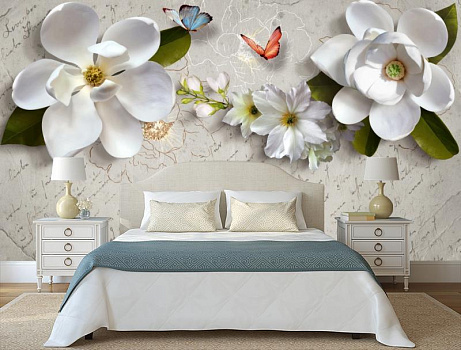 Белые цветы с бабочками в интерьере спальни