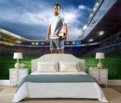Футболист на зеленом поле в интерьере спальни