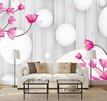 Белые шары с нежными цветочками в интерьере гостиной с диваном