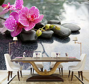 Пестрая орхидея в интерьере кухни с большим столом