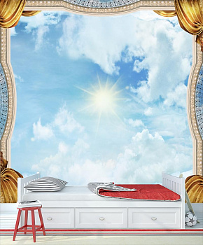 Небо с белыми облаками в интерьере детской комнаты мальчика