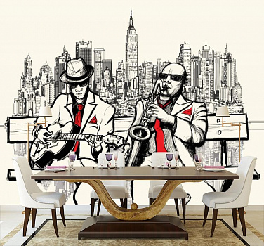 Уличные музыканты в интерьере кухни с большим столом