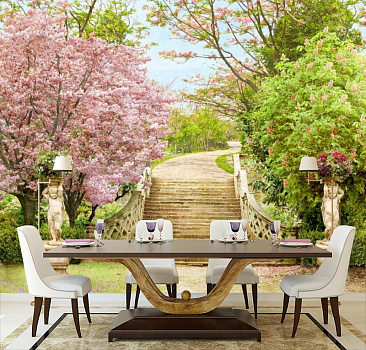 Весенний парк в интерьере кухни с большим столом