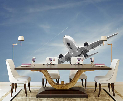 Самолет в небе в интерьере кухни с большим столом