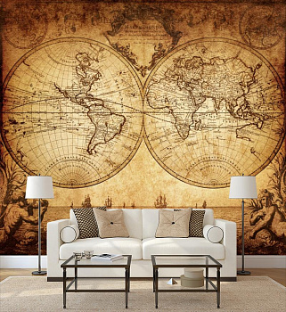 Карта мира на глобусе  в интерьере гостиной с диваном