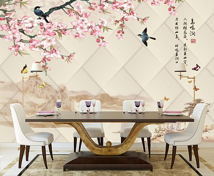 Сакура на фоне природы в интерьере кухни с большим столом
