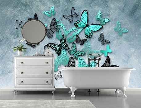 Бирюзовые бабочки на стене в интерьере ванной