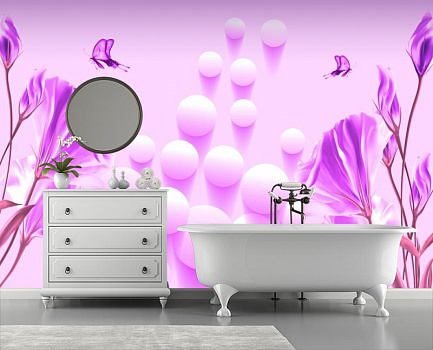 Белые шары в фиалковом свете в интерьере ванной