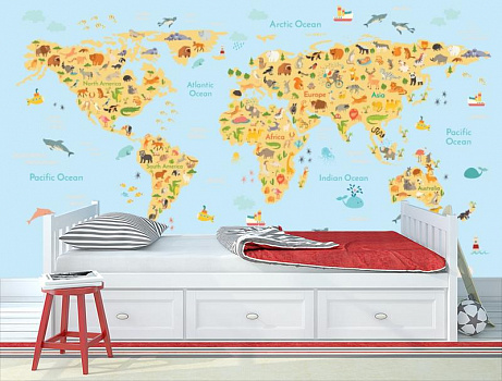 Карта мира желто голубая в интерьере детской комнаты мальчика