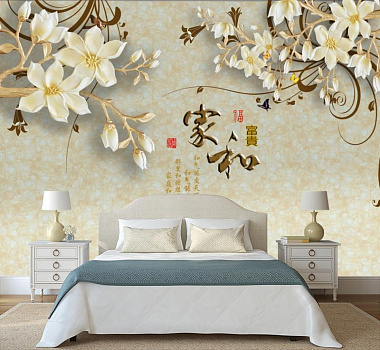 Белые цветы на стене в интерьере спальни