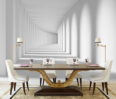 Белоснежный коридор в интерьере кухни с большим столом