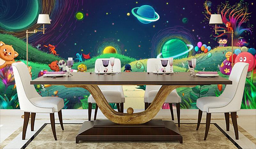 Космический мир в интерьере кухни с большим столом