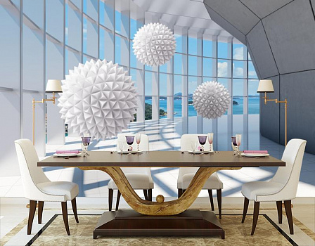 Белые шары в воздухе в интерьере кухни с большим столом