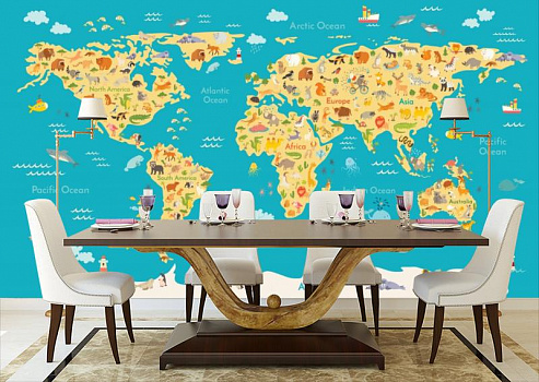 Животные на карте мира в интерьере кухни с большим столом