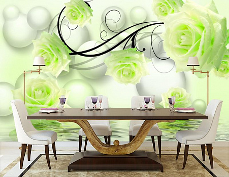 Зеленые розы с белыми шарами в интерьере кухни с большим столом