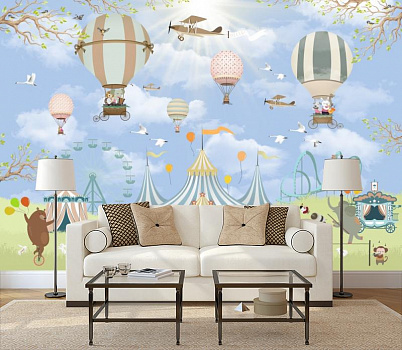 Воздушные шары и самолеты над цирком  в интерьере гостиной с диваном
