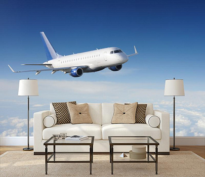 Самолет над облаками в интерьере гостиной с диваном