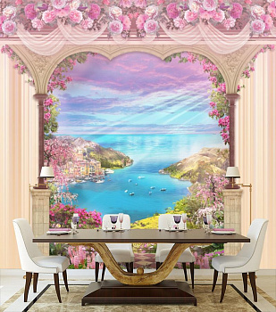 Арка в розовых цветах над морем в интерьере кухни с большим столом