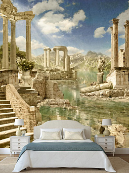 Греческие развалины у реки в интерьере спальни