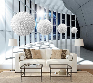 Фантастическая терраса с белыми шарами в космосе в интерьере гостиной с диваном