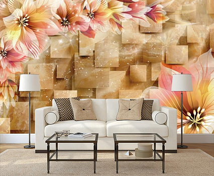 Коричневые квадраты с цветами в интерьере гостиной с диваном