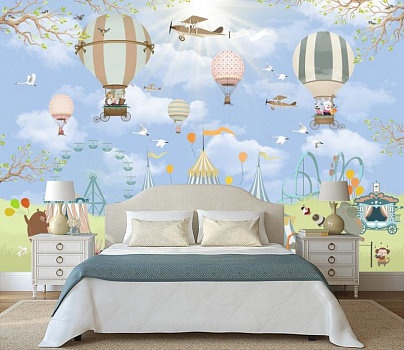 Воздушные шары и самолеты над цирком  в интерьере спальни