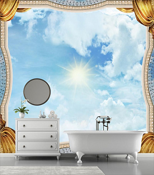 Небо с белыми облаками в интерьере ванной