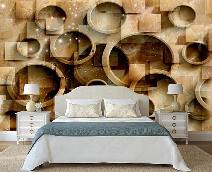Мраморная стена с кругами в интерьере спальни