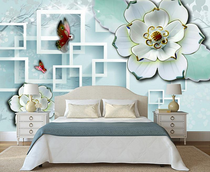 Белые цветы с белыми квадратами в интерьере спальни